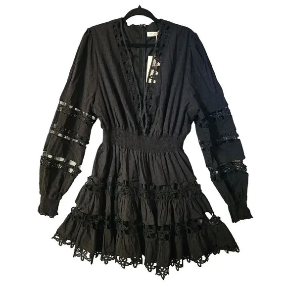 NWT Posh Shoppe Lace Mini Dress Women Size 3x Black Long Sleeve Deep V-Neck - Picture 2 of 9